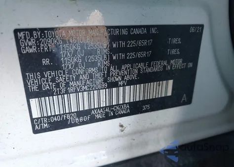 2021 Toyota Rav4 Le from USA, damaged, VIN 2T3F1RFV3MC220699